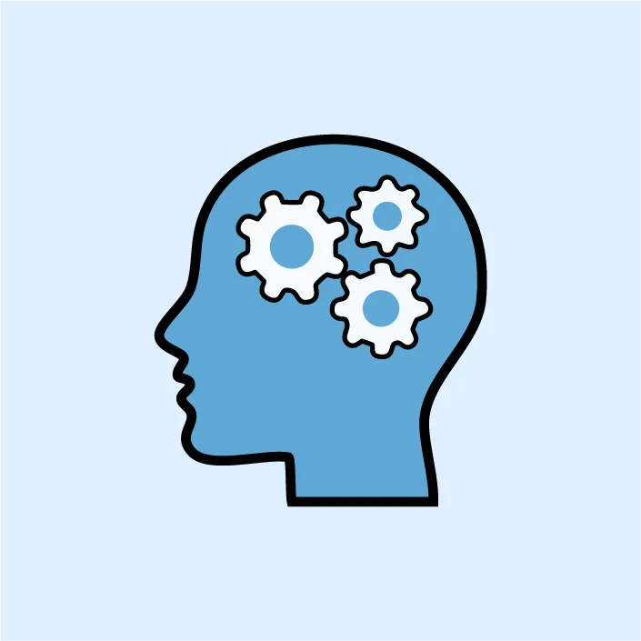Head with gears representing planning, focus, and executive function in math puzzles.